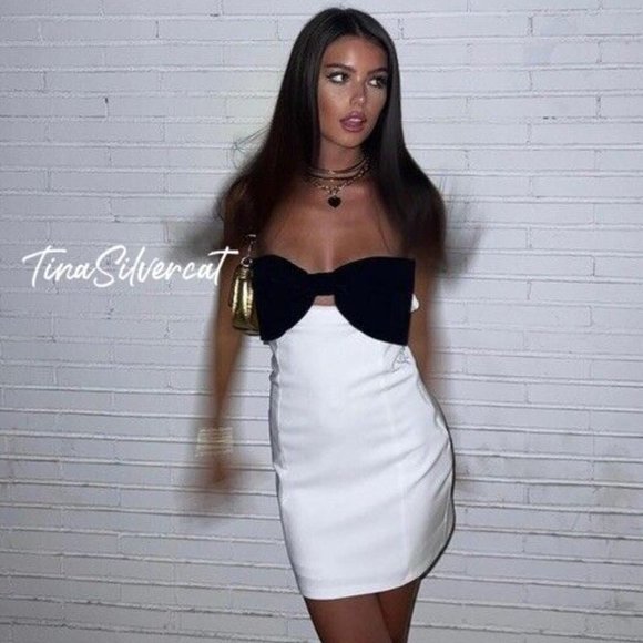 BLOGGER'S FAVE! Zara Strapless Bow Mini Dress White Black NWT - Picture 5 of 17